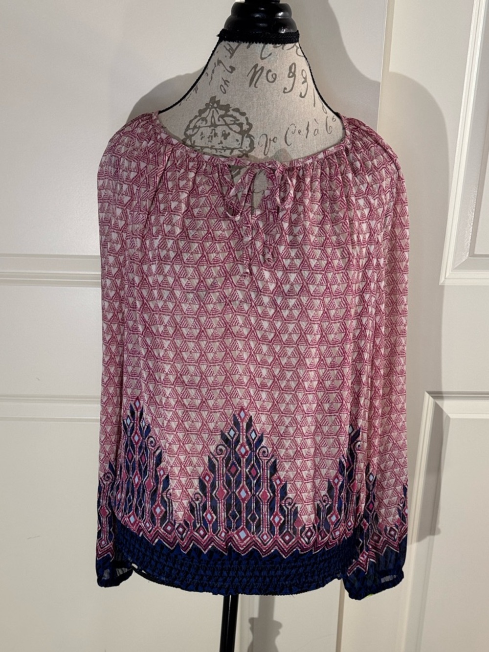 Lucky Brand Pink and Blue Geometric Printed Peasant Semi-Sheer Top Medium